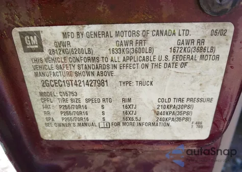 2002 Chevrolet Silverado 1500 Ls z USA, uszkodzony, nr VIN 2GCEC19T421427981